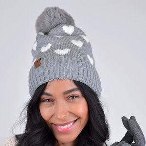 WOMEN'S GRAY HEARTS AND POM POM BEANIE HAT